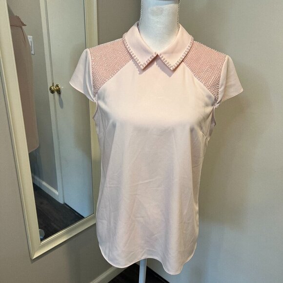 Catherine Malandrino Pink Pearl Beaded Collared Short Sleeve Blouse, Size Small - Picture 1 of 14